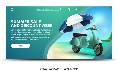 Summer sale and discount week, modern green web banner for your website with scooter with a beach umbrella