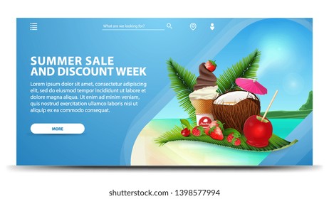 Summer sale and discount week, modern blue web banner for your website with coconut cocktail, strawberry, raspberry, cherry and ice cream on palm leaf