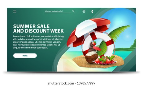 Summer sale and discount week, modern green web banner for your website with coconut ice cream cocktail, beach umbrella, fruit, palm leaves and lifeline