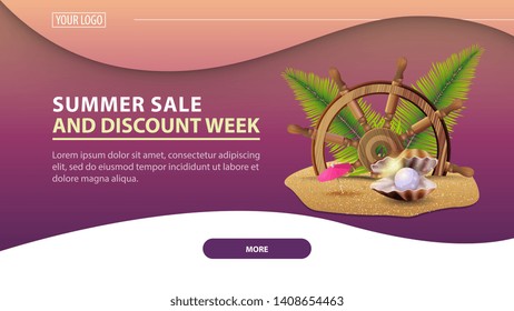 Summer sale and discount week, modern horizontal discount web banner for your website with steering wheel of the ship in the sand, palm leaves and pearl