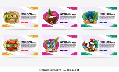 Summer sale and discount week, set modern colorful discount banners with copy space and buttons in paper cut style. Large collection of discount banners with summer illustrations