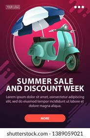 Summer sale and discount week, vertical discount banner with modern design in dark shades for your website with a scooter with a beach umbrella