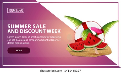 Summer sale and discount week, discount web banner template for your website in a modern style with watermelon slices, palm leaves and lifeline