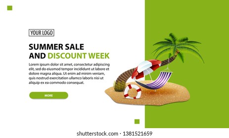 Summer sale and discount week, discount white minimalist web banner template for your website with palm tree, hammock and beach umbrella