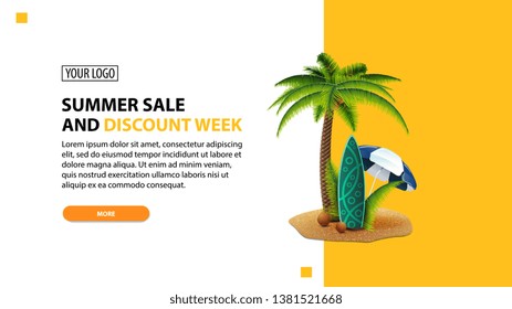 Summer sale and discount week, discount white minimalist web banner template for your website with palm, coconuts, beach umbrella and surf Board