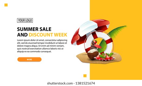 Summer sale and discount week, discount white minimalist web banner template for your website with coconut ice cream cocktail, beach umbrella, fruit, palm leaves and lifeline