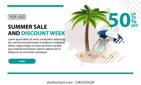 Summer sale and discount week, white web banner in modern style for your website with palm tree, beach chair and beach umbrella