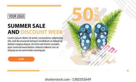 Summer sale and discount week, white web banner in modern style for your website with flip flops, pearl and palm leaves