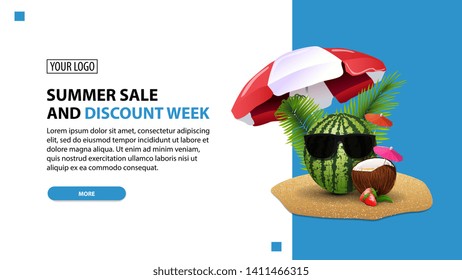 Summer sale and discount week, discount white minimalist web banner template for your website with watermelon in glasses under a beach umbrella