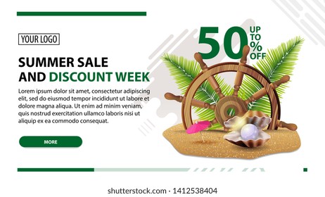 Summer sale and discount week, white web banner in modern style for your website with steering wheel of the ship in the sand, palm leaves and pearl