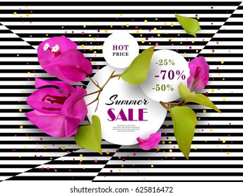 Summer Sale. Discounts. End of season. Concept. Advertising background with tropical flowers. Template. Vector illustration.