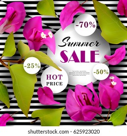 Summer Sale. Discounts. End of season. Advertising background with tropical flowers. Template. Vector illustration.