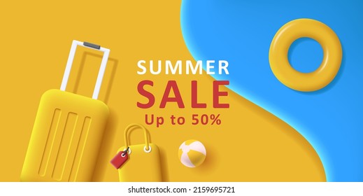 Summer sale discounts with sea and beach background with travel suitcase and swimming circle. Vector illustration