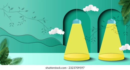 Summer sale display 3d podium for mock up and background. Vector 3D Illustration and paper cutout style.