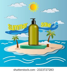 Summer sale display 3d podium for mock up and background. Vector 3D Illustration and paper cutout style.