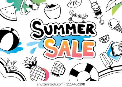 Summer sale with doodle icon and design on white background. Advertising template in hand drawn style. Use for poster, labels, card, tag, stickers, badges, flyer, banner, vector illustration.