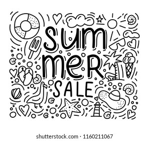 Summer sale. Doodle style hand drawn background with ice cream, lighthouse, sun, starfish etc. Stock vector