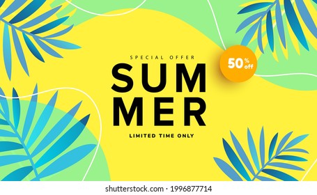 Summer sale editable template banner with fluid liquid elements, tropical leaves and bubble forms for flyer, invitation, poster, website or greeting card.