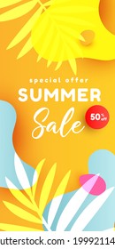 Summer sale editable template banner with fluid liquid elements, tropical leaves, watermelon slices and bubble forms on yellow background with copy space for banner, greeting card, poster and