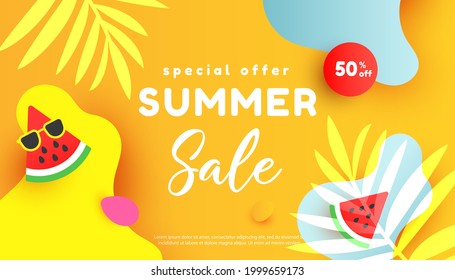 Summer sale editable template banner with fluid liquid elements, tropical leaves and bubble forms on yellow background with copy space for banner, greeting card, poster and advertising