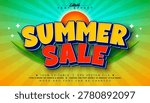 Summer Sale Editable Text Effect Design Vector Graphic Style with Cartoon Style Typography and Tropical Palm Leaves on Retro Background. Premium Shopping Day Illustration Mockup Template for Banner, Greeting Card, Flyer, Celebration Poster or Party Invitation