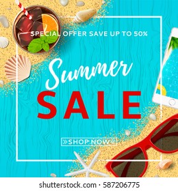 Summer sale elegant banner. Top view on seashells, sun glasses, fresh cocktail, smartphone and sea sand on wooden texture. Vector illustration with spesial discount offer.