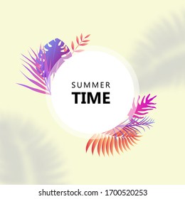 Summer sale in elegant gold frame. Square border with plant leaves and feather. banner for shop advertisement vector illustration.