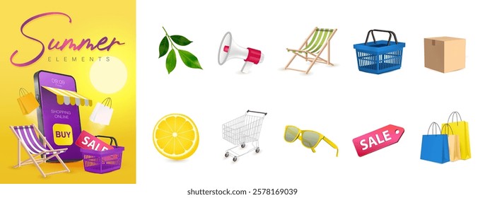 Summer sale element and accessories , online shopping element, vector illustration collection set