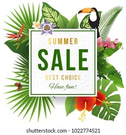 Summer sale emblem wirh tripical leaves and flowers. Vector illustration can be used for banner, invitation, poster, brochure, voucher discount.