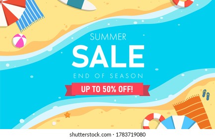 Summer sale end of season banner template. Tropical beach top view.
