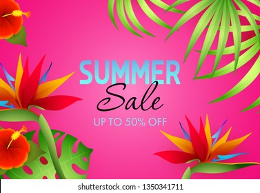 Summer sale, up to fifty percent off lettering with tropical plants. Tourism, summer offer or sale design. Handwritten and typed text, calligraphy. For leaflets, invitations, posters or banners.