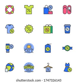 Summer sale filled outline icons set, line vector symbol collection, linear colorful pictogram pack. Signs logo illustration, Set includes icons as clothes sale, percent discount sticker, shopping bag