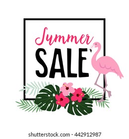 Summer sale. Flamingo bird with palm leaves, hibiscus flowers. Web banner, background. Stock vector illustration. Flat jungle design.