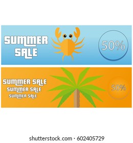 Summer Sale Flat Banner With Crab And Palm Tree For Travel