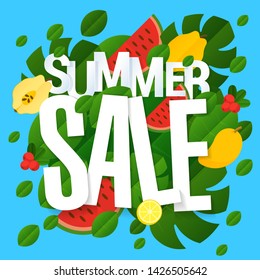 Summer sale flat design vector banner with fresh green tropical leaves and fruits. Bright floral template for  presentation, banner, flyer, mobile app, poster and web site. 