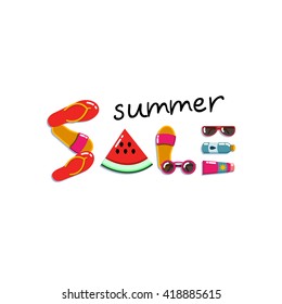 Summer sale, flat lay banner. Layout for seasonal clearance. It can be used in advertising, web design, graphic design. Vector illustration.
