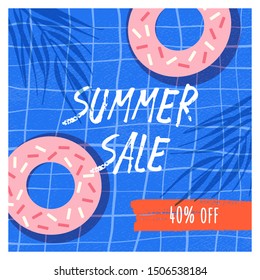 Summer sale flat vector banner template. Doughnuts with icing 40 percent discount promo on blue checked background. Beach cafe desserts sale. Confectionery, bakery store special price offer.