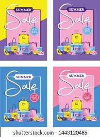 Summer sale flat vector poster set with 50% off discount text and fashion elements in colorful backgrounds for store marketing promotion. Vector objects bags, shoes, suitcase.