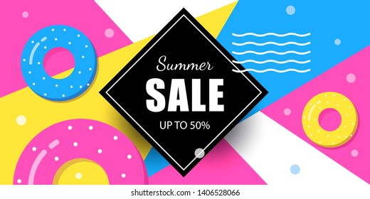 Summer sale flat vector template with lifebuoys. Memphis style. Frame for text