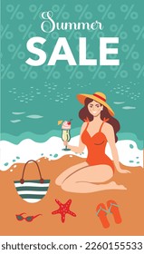 Summer sale flayer template. Vector illustration with woman on the beach