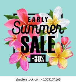Summer Sale Floral Banner. Seasonal Discount Advertising with Pink Plumeria Flowers. Tropical Paradise Spring Promotional Design for Poster, Flyer. Vector illustration