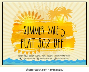 Summer Sale Flyer, Sale Banner, Sale Poster, Flat 50% Discount. Creative vector illustration with palm trees on rays background.