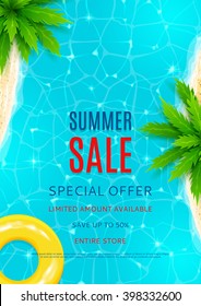 Summer sale flyer. Beautiful background on the sea topic with shore, water and palm trees for advertising. Vector illustration.