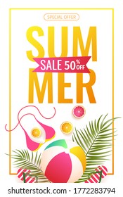 Summer sale flyer with bikini, tropical leaves, beach ball, flip flops, fruits. Vector illustration for special offer, promo, advertising, banner, discount, flyer.