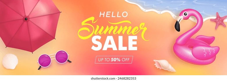 Summer sale flyer, billboard or web banner design template with 3d sunglasses, flamingo, umbrella and sea waves on colorful background. Vector illustration