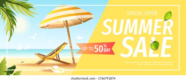 Summer sale flyer with chaise lounge, sunshade and palm leaves on the beach. Vector illustration for special offer, promo, advertising, banner, discount, flyer.