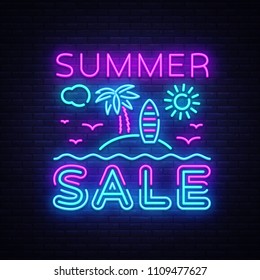 Summer Sale Flyer Design Template Vector. Summer discounts brochure with tropical landscape, modern trend design, neon style, light banner, bright neon advertising. Vector illustration