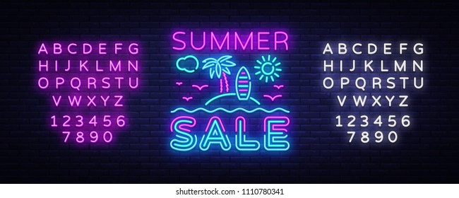 Summer Sale Flyer Design Template Vector. Summer discounts brochure with tropical landscape, modern trend design, neon style, light banner, bright neon advertising. Vector. Editing text neon sign