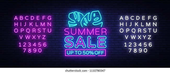 Summer Sale Flyer Design Template Vector. Summer discounts brochure with tropical leaves, modern trend design, neon style, light banner, bright neon advertising. Vector. Editing text neon sign