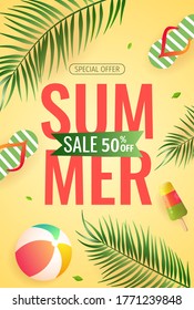 Summer sale flyer with summer elements, tropical leaves, flip flops. A4 vector illustration for special offer, flyer, advertising, commercial, banner.
